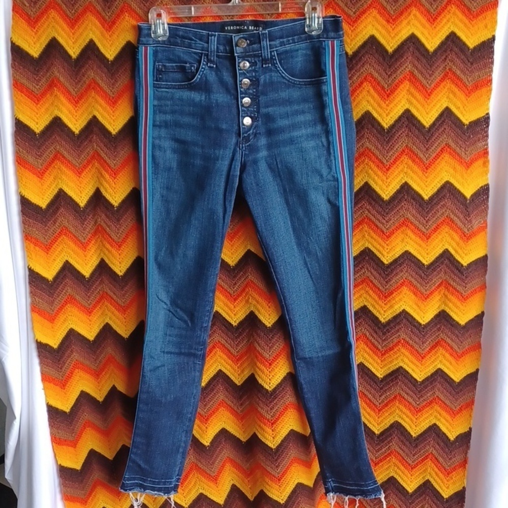 Veronica Beard Debbie 10” Skinny Jean Size 27, Button Fly, Side Stripes, Stretch